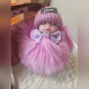 Pink Plush Pom Baby Doll Keychain - Cute Kids Toy